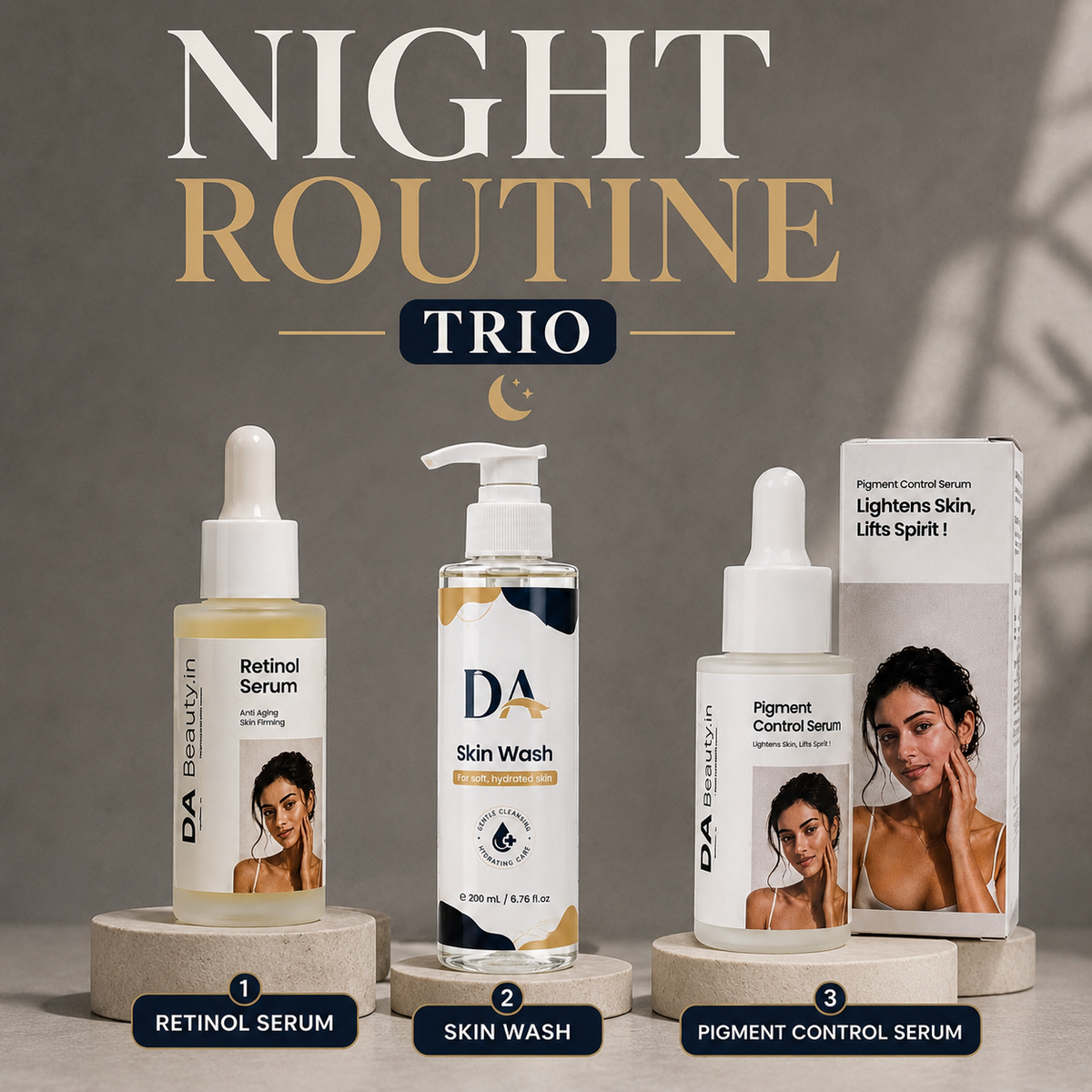 Night Routine Trio-(> 28 years / male & female / With Pigmentation)- DA Face Wash, DA Pigment Serum And DA Retinol  Serum